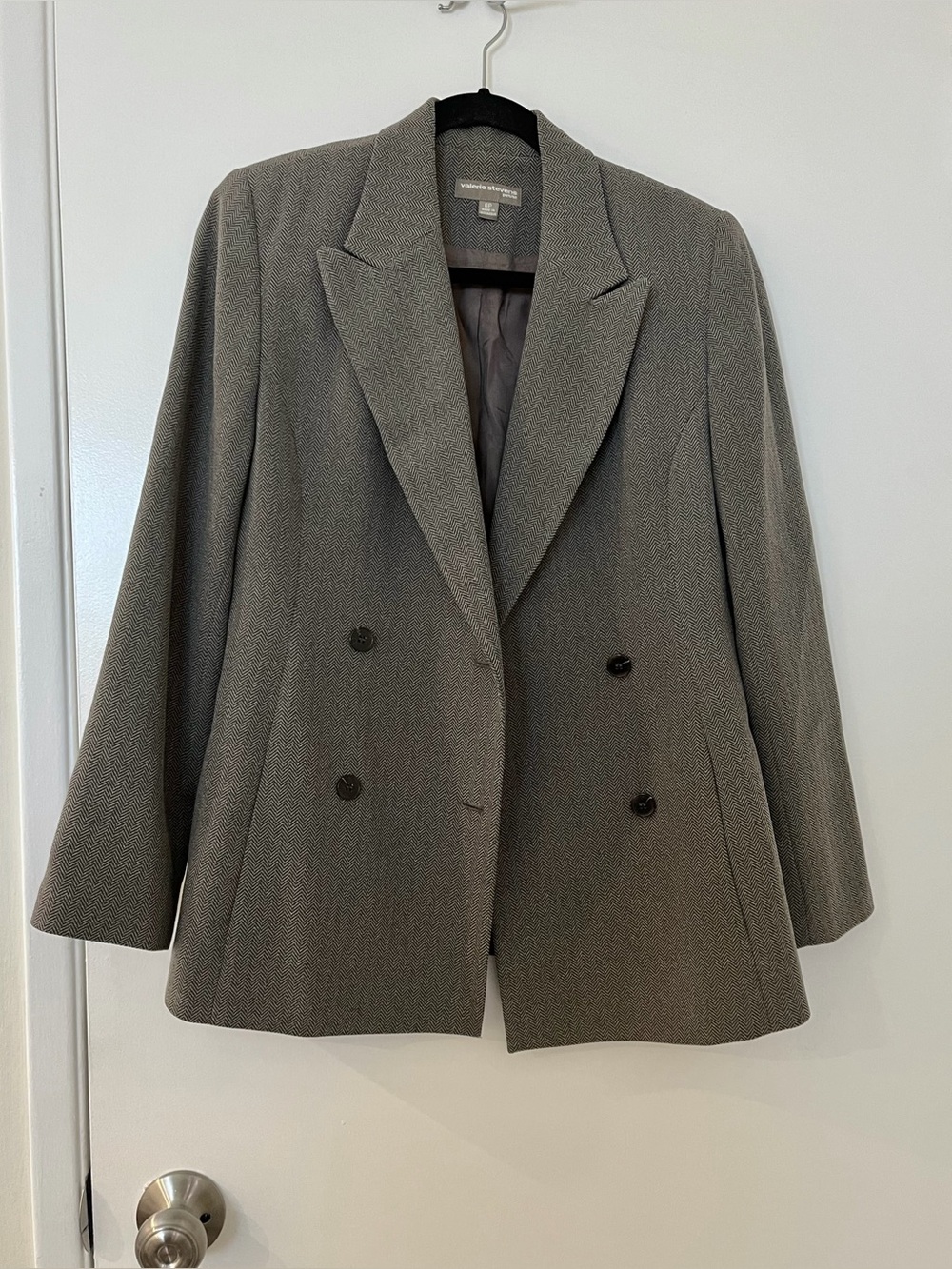 Valerie Stevens Double-Breasted Houndstooth Charcoal Grey Blazer